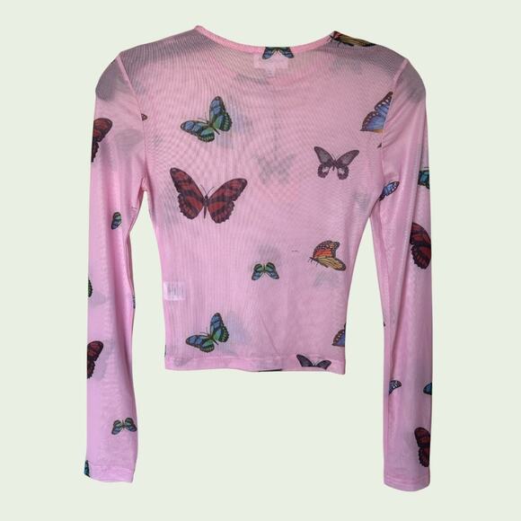 Superdown NWT "Ari" Pink Butterflies Sheer Mesh Long Sleeve T Shirt size XS - Picture 2 of 9